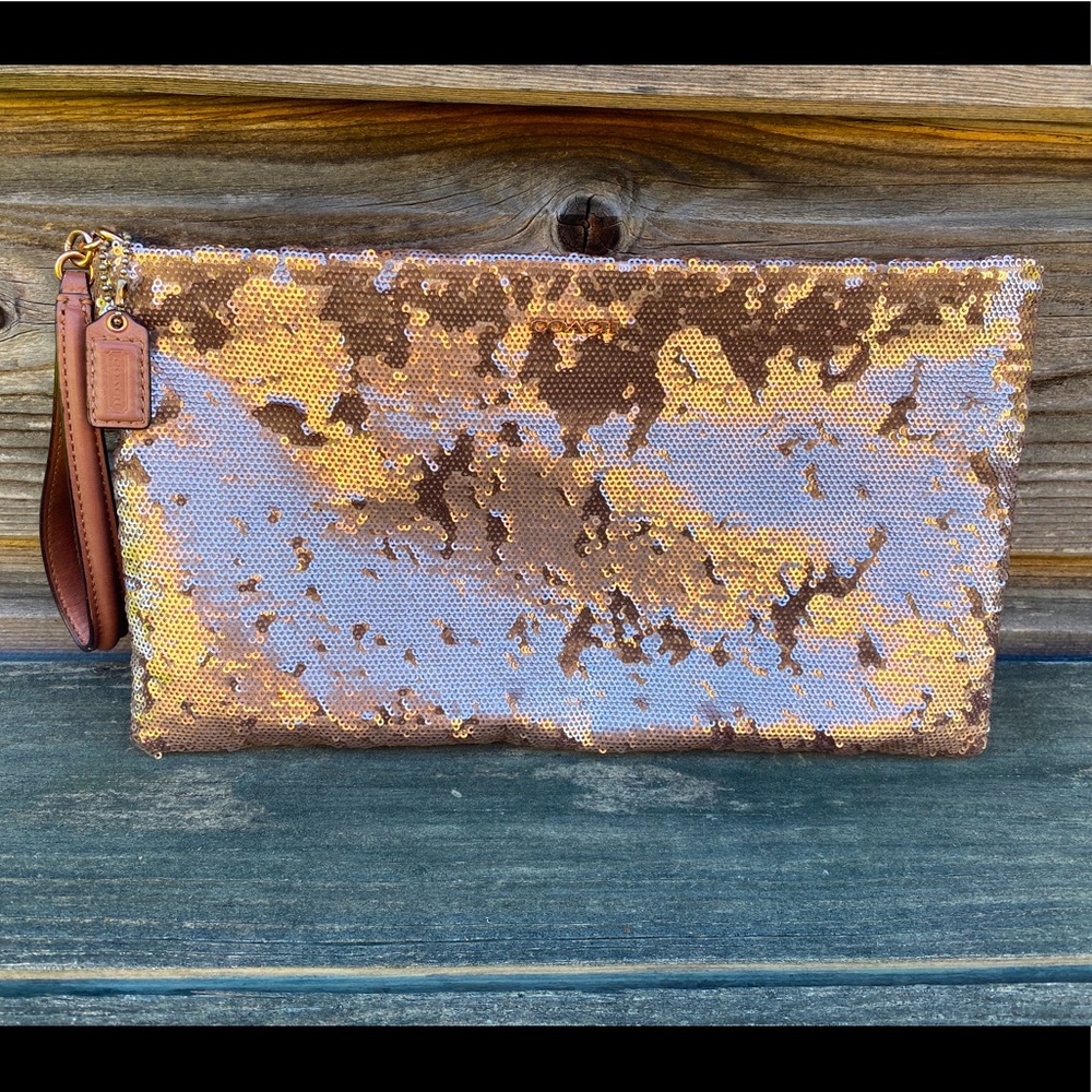 Coach Large Gold Sequin Clutch With Leather Trim & Wrist Strap, G1369-26484